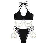 Bikini-Bademode mit Metallkette, gepolstert, ausgehöhlt, Neckholder, zum Selbstbinden